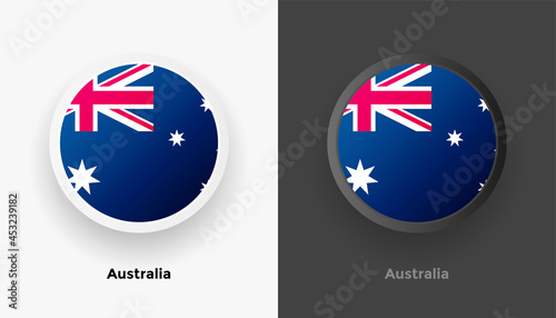 Set of two Australia flag buttons in black and white background. Abstract shiny metallic rounded buttons with national country flag