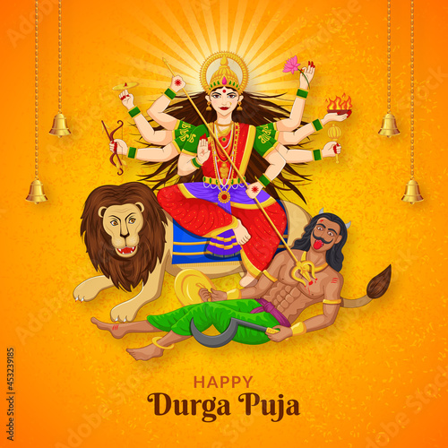 Goddess Durga Killing Mahishasura, Happy Navratri and Durga puja Festival  photo