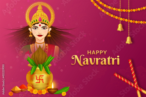 Navratri Kalash with Goddess Durga Maa Shubh Navratri festival Happy Dussehra and Durga Puja
