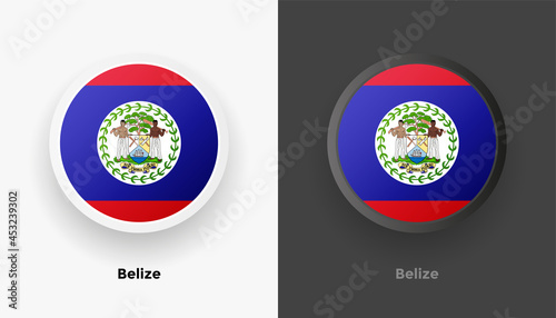 Set of two Belize flag buttons in black and white background. Abstract shiny metallic rounded buttons with national country flag