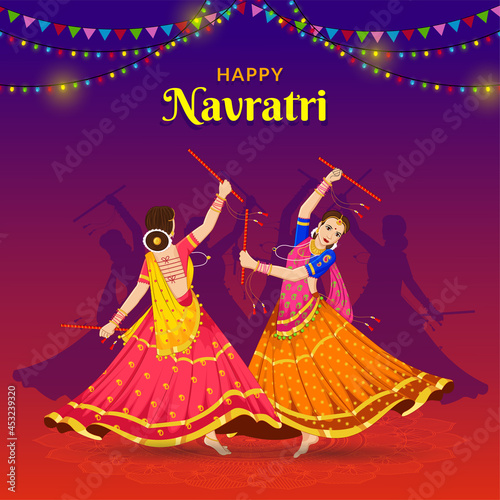 Dandiya Night, Dancing Girls at Navratri, happy Durga Puja and Navratri 