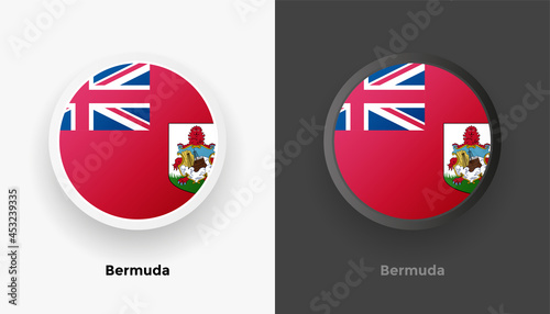 Set of two Bermuda flag buttons in black and white background. Abstract shiny metallic rounded buttons with national country flag
