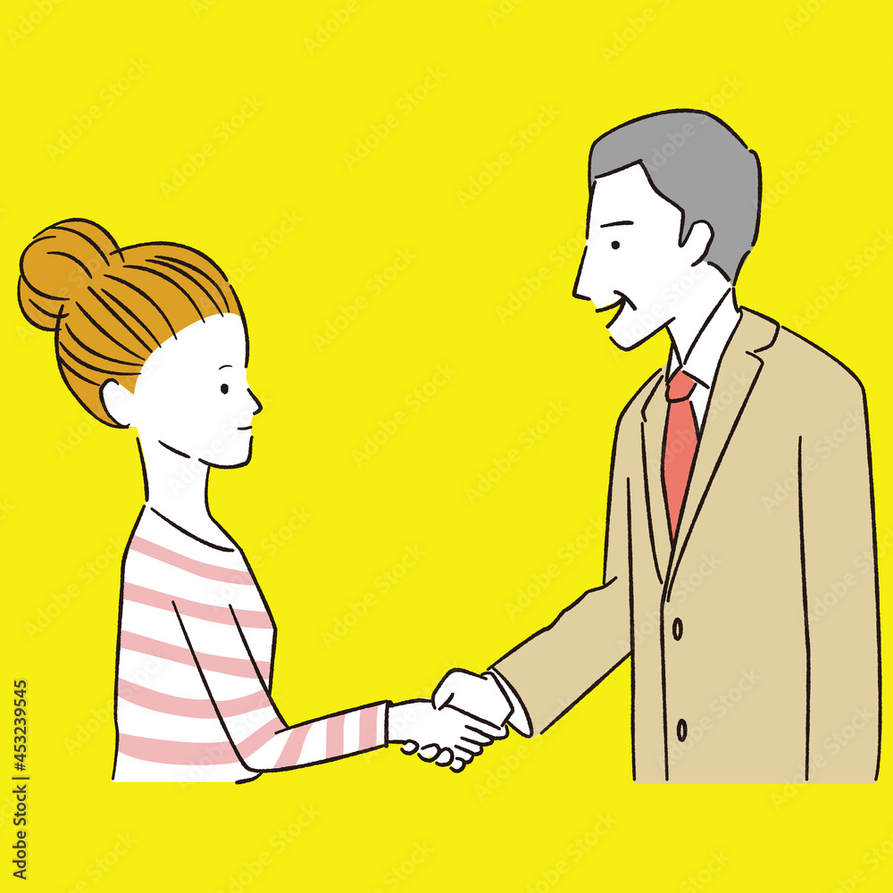 手書き線画カラーイラスト 握手 ビジネスマッチング 私服とビジネスマン Stock Vector Adobe Stock