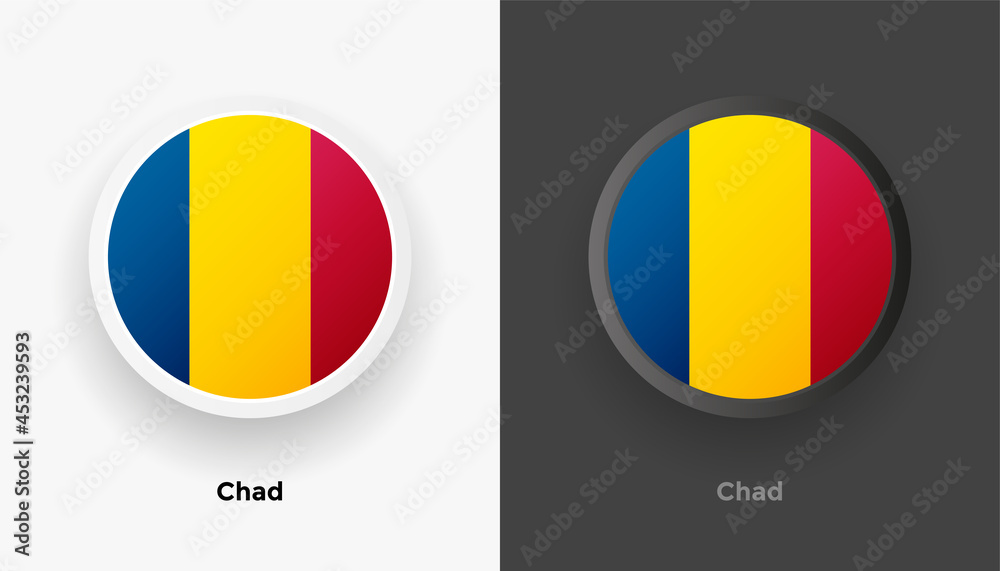 Set of two Chad flag buttons in black and white background. Abstract shiny metallic rounded buttons with national country flag