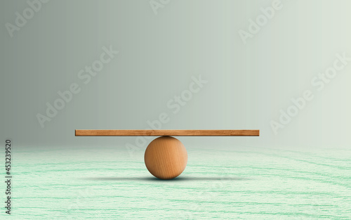 Empty Wooden scale on bright green background. Wood balance illustration with copy space 