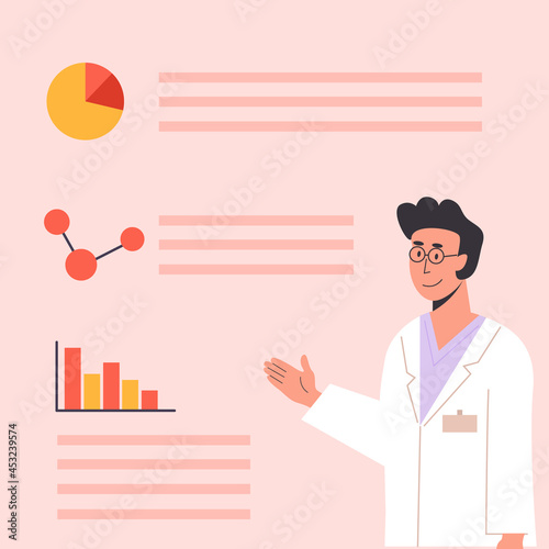 Medical scientist with diagrams and molecule. Male therapist in gown gives diagnosis. Doctor in white scrubs explains and gives advice. Vector illustration.