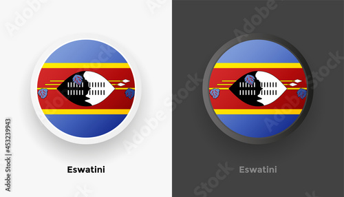 Set of two Eswatini flag buttons in black and white background. Abstract shiny metallic rounded buttons with national country flag