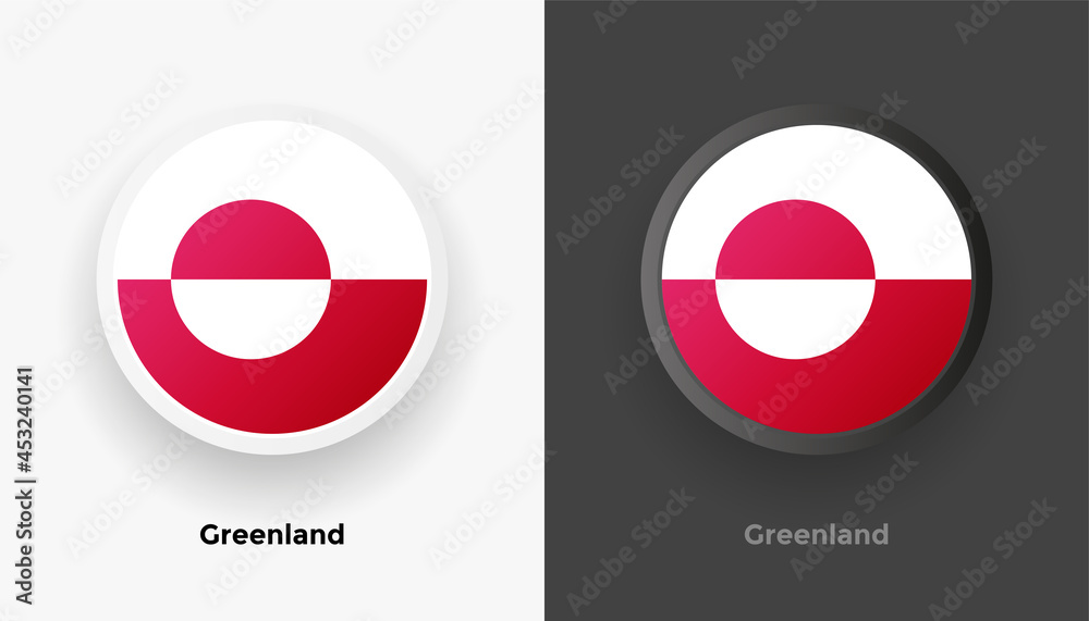 Set of two Greenland flag buttons in black and white background. Abstract shiny metallic rounded buttons with national country flag Set of two Greenland flag buttons in black and white background. Abstract shiny metallic rounded buttons with national country flag