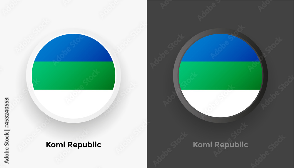 Set of two Komi Republic flag buttons in black and white background. Abstract shiny metallic rounded buttons with national country flag Set of two Komi Republic flag buttons in black and white background. Abstract shiny metallic rounded buttons with national country flag