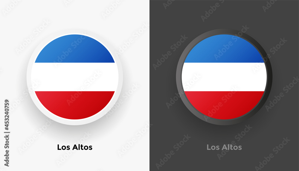 Set of two Los Altos flag buttons in black and white background. Abstract shiny metallic rounded buttons with national country flag