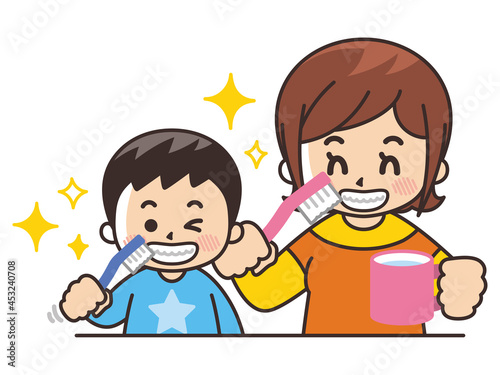 歯磨きをする親子