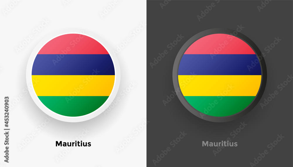 Obraz premium Set of two Mauritius flag buttons in black and white background. Abstract shiny metallic rounded buttons with national country flag