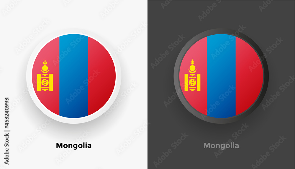 Set of two Mongolia flag buttons in black and white background. Abstract shiny metallic rounded buttons with national country flag Set of two Mongolia flag buttons in black and white background. Abstract shiny metallic rounded buttons with national country flag