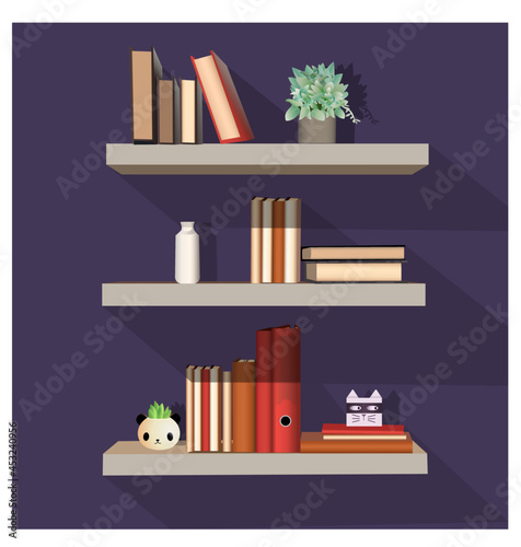 Vector illustration of bookshelves attached to the wall.