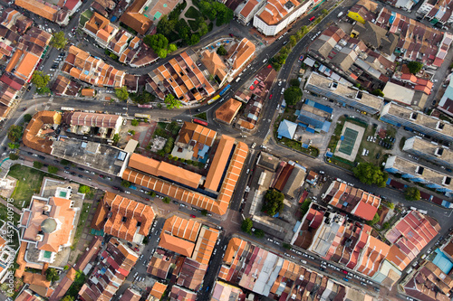 Aerial view showing roof tops of the heritage houses and streets of Georgetown Penang. © ltyuan
