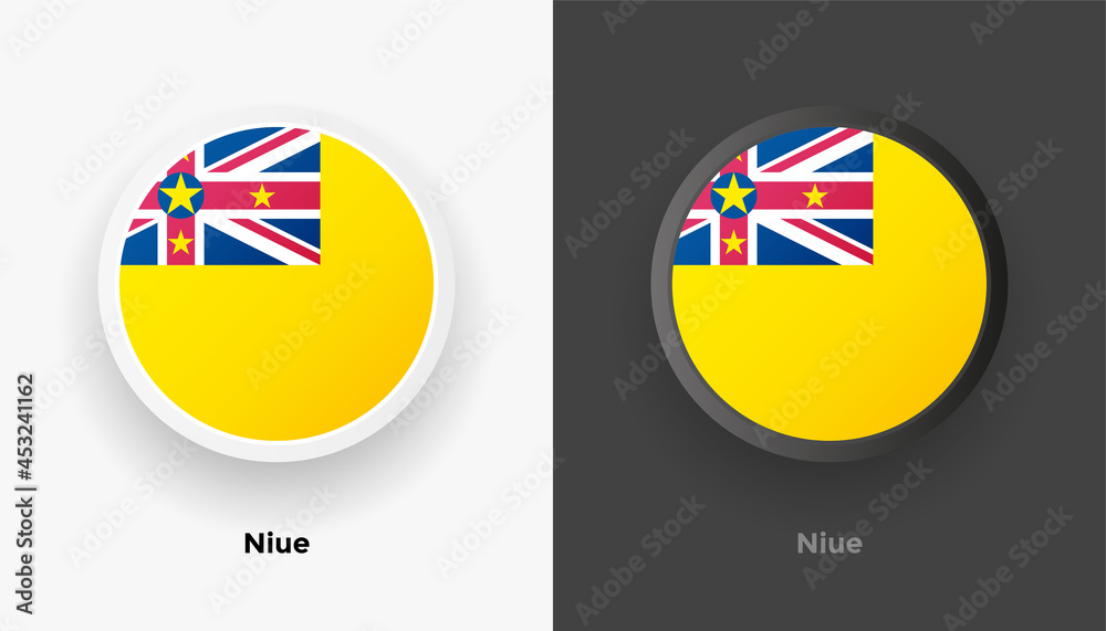 Naklejka premium Set of two Niue flag buttons in black and white background. Abstract shiny metallic rounded buttons with national country flag