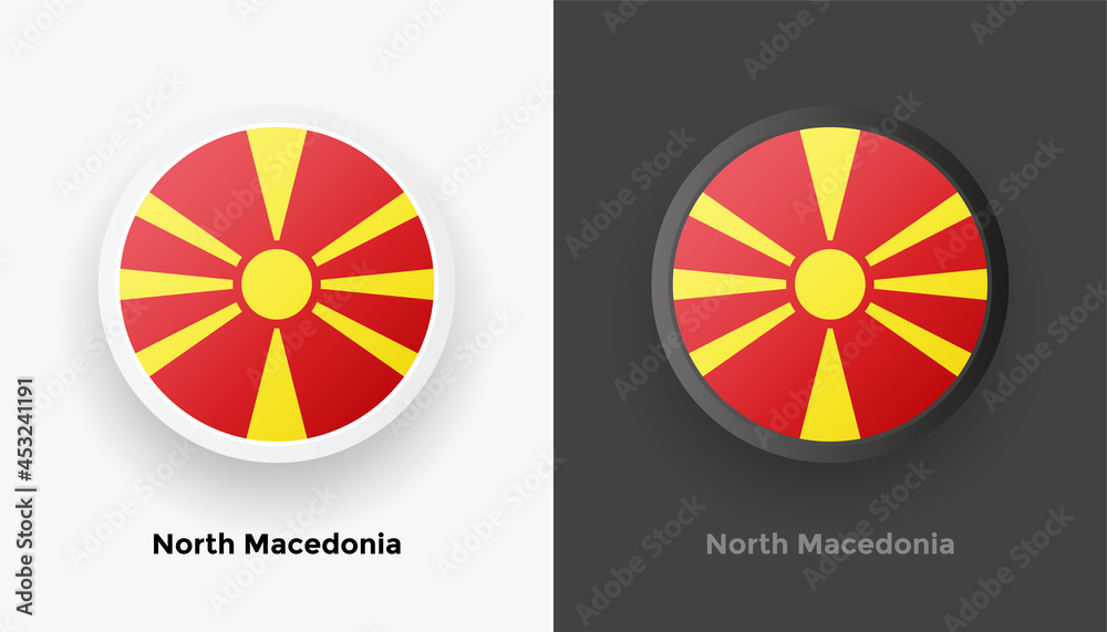 Set of two North Macedonia flag buttons in black and white background. Abstract shiny metallic rounded buttons with national country flag Set of two North Macedonia flag buttons in black and white background. Abstract shiny metallic rounded buttons with national country flag