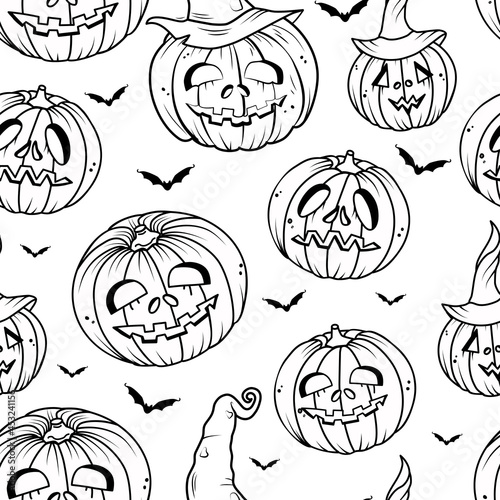 Pumpkin and bat outline seamless pattern. Happy halloween vector background. Coloring book