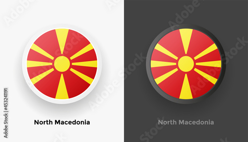 Set of two North Macedonia flag buttons in black and white background. Abstract shiny metallic rounded buttons with national country flag