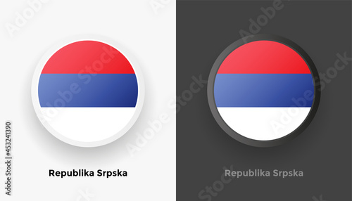 Set of two Republika Srpska flag buttons in black and white background. Abstract shiny metallic rounded buttons with national country flag