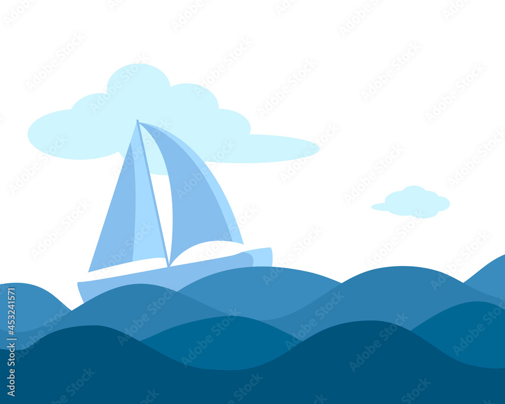 Fototapeta premium Sailing boat among the waves of the sea. Traveling yacht. Ship in the ocean.