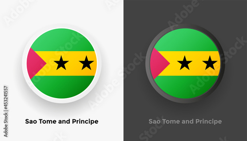 Set of two Sao Tome and Principe flag buttons in black and white background. Abstract shiny metallic rounded buttons with national country flag