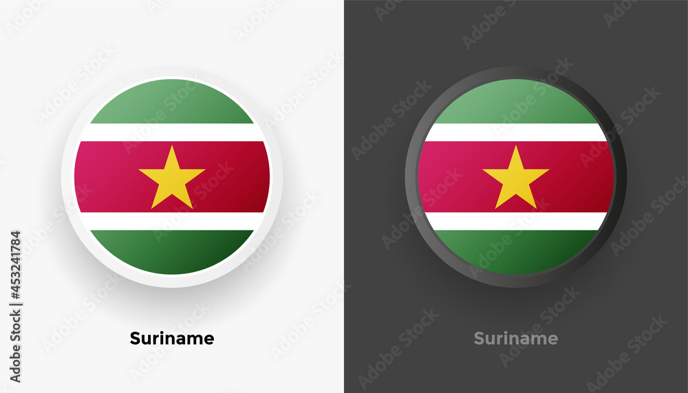 Set of two Suriname flag buttons in black and white background. Abstract shiny metallic rounded buttons with national country flag Set of two Suriname flag buttons in black and white background. Abstract shiny metallic rounded buttons with national country flag