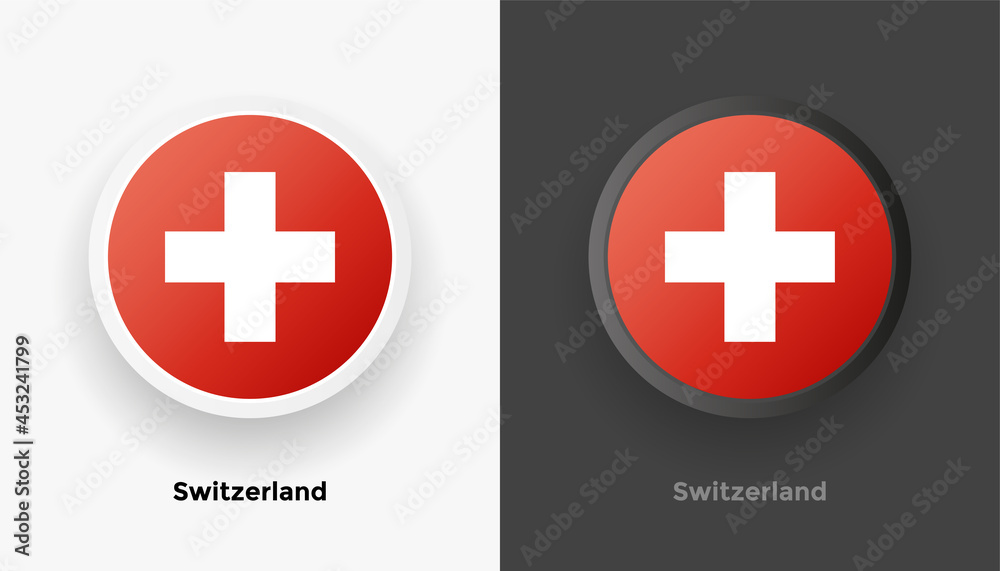 Obraz premium Set of two Switzerland flag buttons in black and white background. Abstract shiny metallic rounded buttons with national country flag