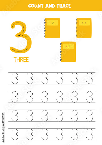 Tracing number three worksheet with cute notebooks.