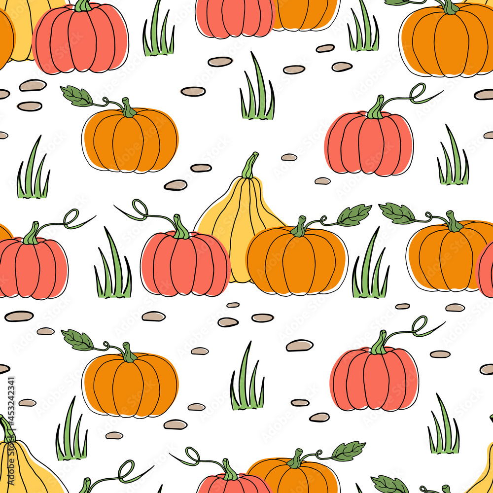 Autumn seamless pattern: pumpkins on a field with grass and pebbles. Harvest time. Vector image in the doodle style. Autumn seamless pattern: pumpkins on a field with grass and pebbles. Harvest time. Vector image in the doodle style.