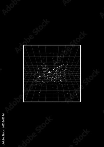 Retrowave t-shirt and apparel design with perspective grids on starry space background. The 1980s aesthetics. Black and white print. Vector photo