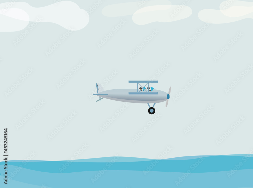 Vector illustration, two men flying on a plane over the sea. Composition on the topic of travel, planes, transport, adventures, trips. Vector illustration, two men flying on a plane over the sea. Composition on the topic of travel, planes, transport, adventures, trips.