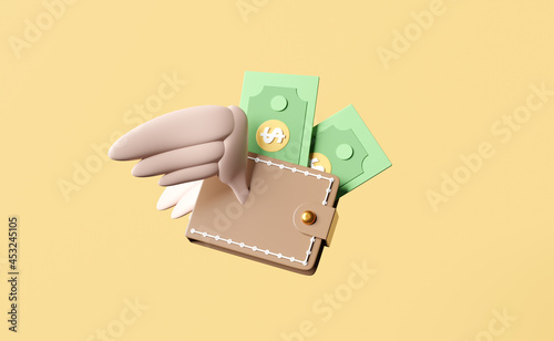 Flying wallet and wings with dollar banknote isolated on yellow background.lost money concept,3d illustration or 3d render