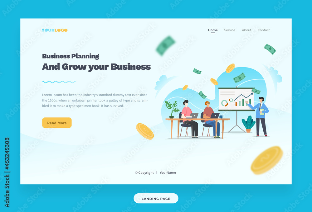 Landing Page Template with flat Character illustration Growing Business, Can be used for print, advertising, social media, infographic etc