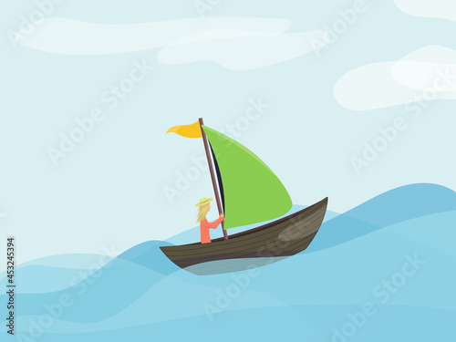 Vector illustration  a girl in a red dress is sailing on a ship in the ocean. A panama hat on his head  long hair. Composition on the topic of transport  travel  travel  adventure  recreation.
