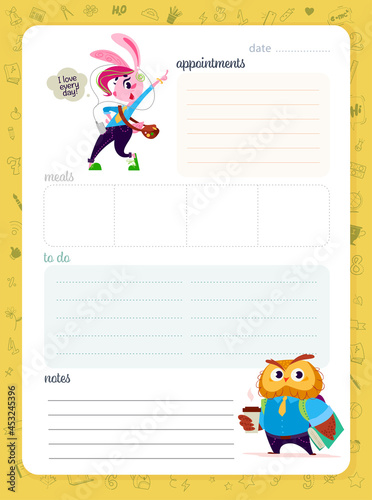 Daily planner page design template, calendar for children. Cute little animal students, bunny and owl characters with backpacks, school line hand drawn icons. To do list. Vector flat illustration.