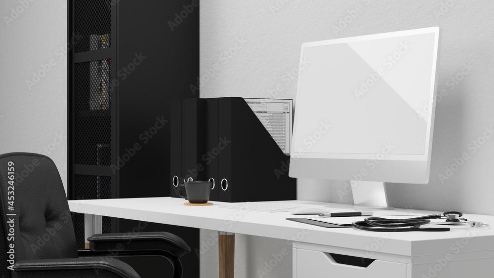 Modern black and white doctor office room, 3d rendering