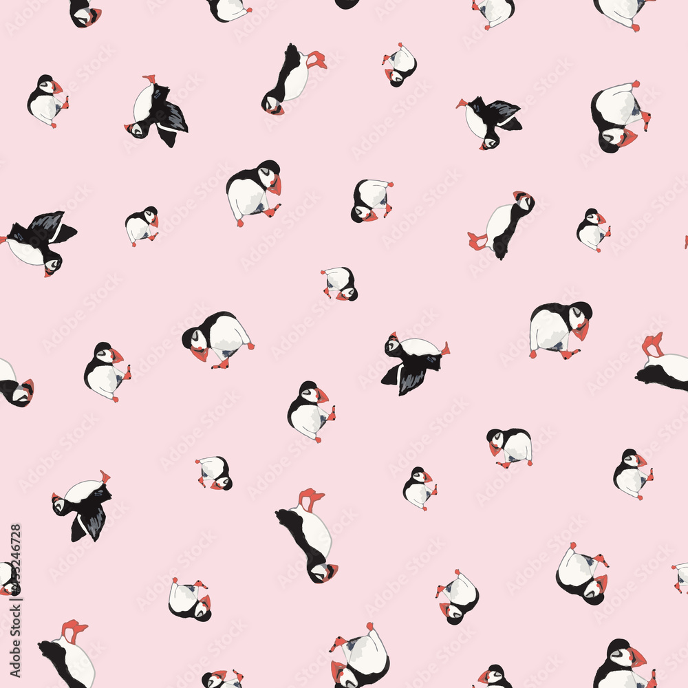 Obraz premium Vector pink background ocean seabird, arctic birds, puffins. Seamless pattern background