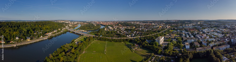 Panorama of the city of Regensburg in Bavaria on clear summer day with Danube river and Autobahn A93