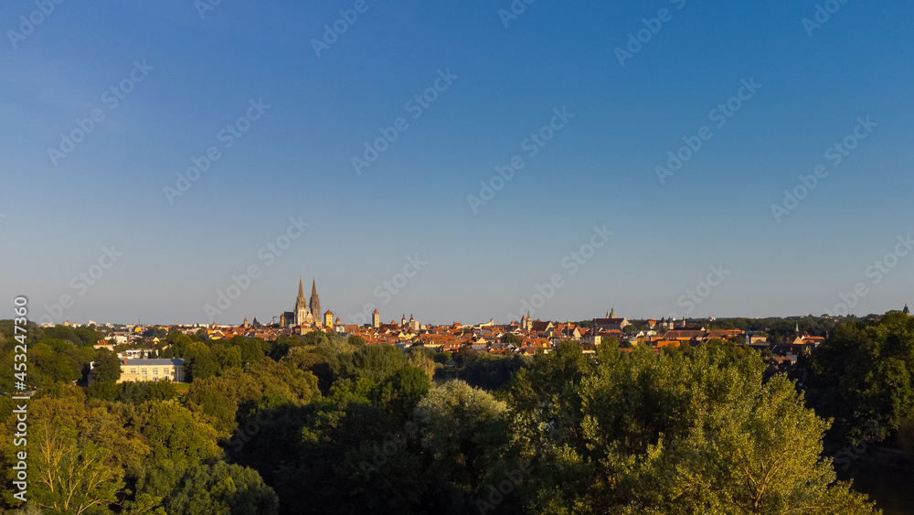 World famous skyline of Regensburg in Bavaria, Germany with UNESCO world heritage site cathedral and old town on sunny summer day