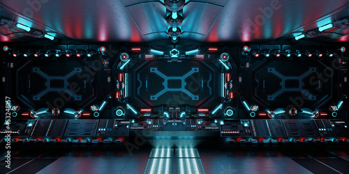 Fototapeta Naklejka Na Ścianę i Meble -  Dark spaceship interior with glowing control panels. Futuristic space station background with blue and red neon lights. 3d rendering