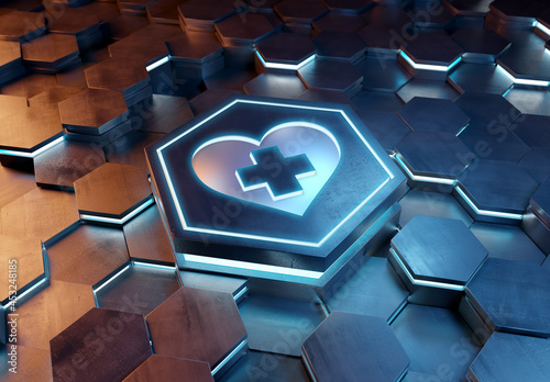 Emergency call icon concept engraved on metal hexagonal pedestral background. Medical heart symbol glowing on abstract digital surface. 3d rendering