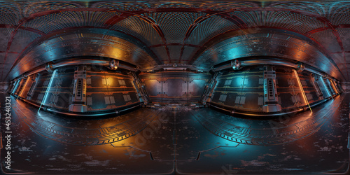 Fototapeta Naklejka Na Ścianę i Meble -  HDRI panoramic view of dark blue orange spaceship interior. High resolution 360 degrees panorama reflection mapping of a futuristic spacecraft 3D rendering