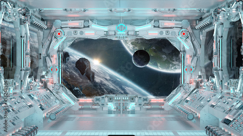 White spaceship interior with glowing blue and red lights. Futuristic spacecraft with large window view on planets in space. 3D rendering