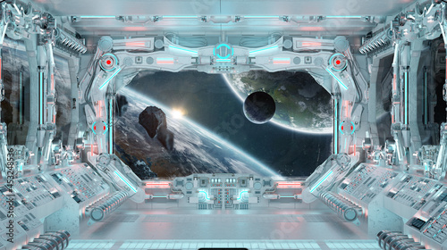 Fototapeta Naklejka Na Ścianę i Meble -  White spaceship interior with glowing blue and red lights. Futuristic spacecraft with large window view on planets in space. 3D rendering