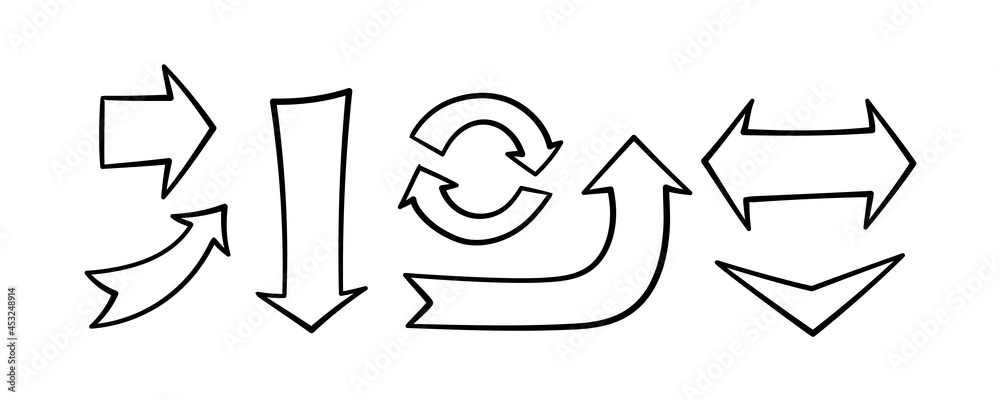 Set of hand drawn arrows. Black doodle arrows. Direction indicators. Vector illustration isolated on white background.