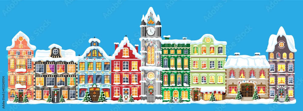 City House Covered Snow Set. Building in Holiday Ornament. Christmas Tree Spruce, Wreath. Happy New Year Decoration. Merry Christmas Holiday. New Year and Xmas Celebration. Flat Vector Illustration
