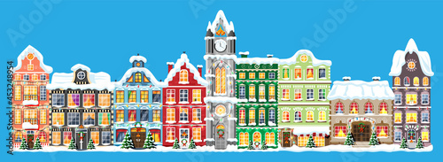 City House Covered Snow Set. Building in Holiday Ornament. Christmas Tree Spruce, Wreath. Happy New Year Decoration. Merry Christmas Holiday. New Year and Xmas Celebration. Flat Vector Illustration