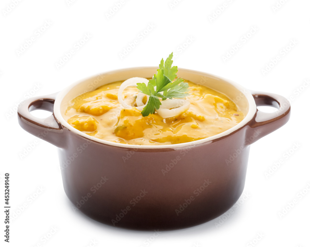 Pot of tasty chicken curry on white background Pot of tasty chicken curry on white background