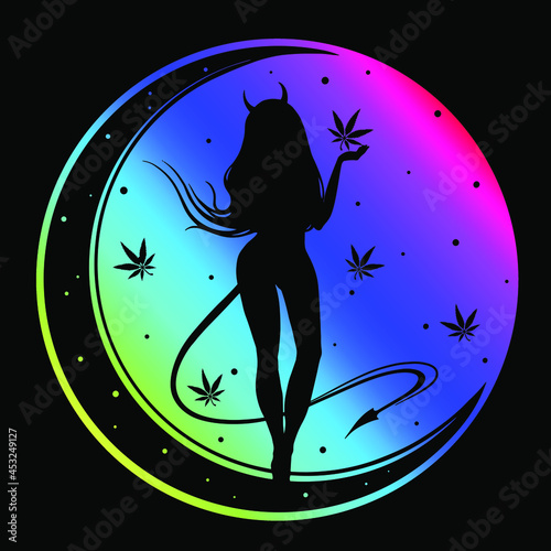 Girl with horns and a tail. Sexy figure. Boho illustration of a girl in the month with hemp leaves. Woman silhouette logo